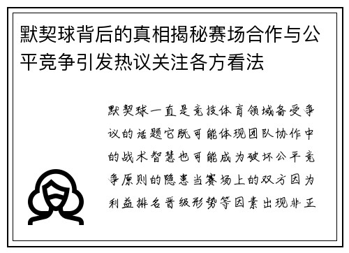默契球背后的真相揭秘赛场合作与公平竞争引发热议关注各方看法